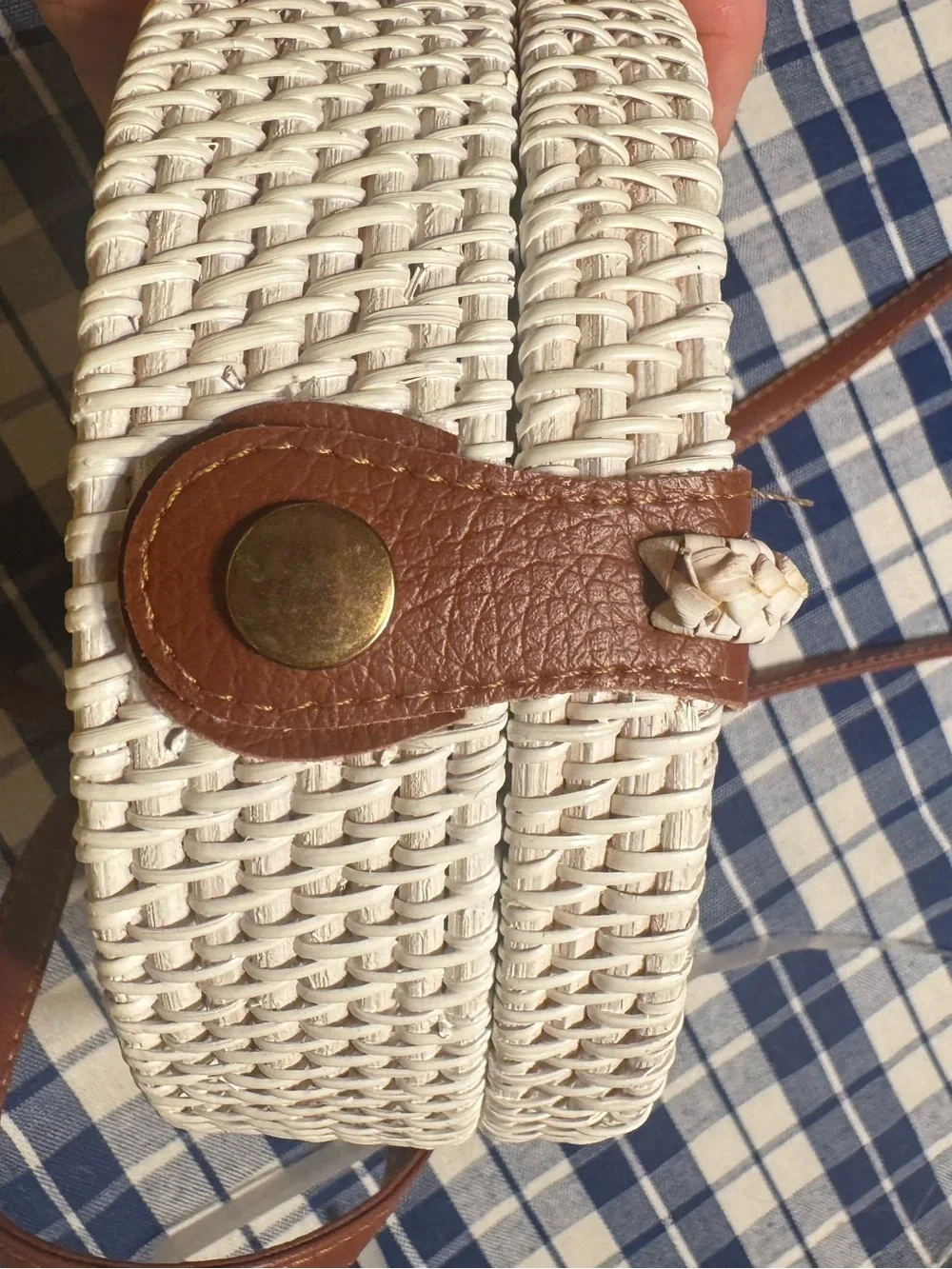 Woven Round Crossbody Bag - White with Brown Trim